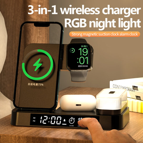 4 In 1 Multifunction Wireless Charger Station With Alarm Clock Display Foldable Wireless Charger Stand With RGB Night Light - Image 2