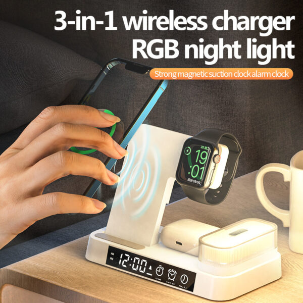 4 In 1 Multifunction Wireless Charger Station With Alarm Clock Display Foldable Wireless Charger Stand With RGB Night Light - Image 5