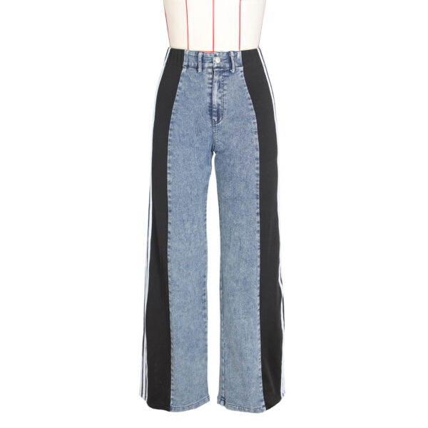 2024 Fashion Casual High Waist Elastic Straight Leg Trousers Three Stripe Patchwork Denim Wide Leg Pants Streetwear - Image 8