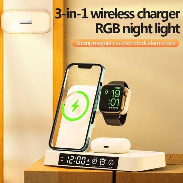 4 In 1 Multifunction Wireless Charger Station With Alarm Clock Display Foldable Wireless Charger Stand With RGB Night Light - Image 9